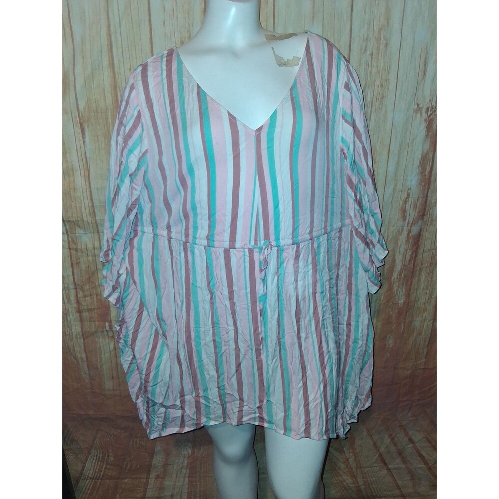 Torrid Multicolor Stripe Short Sleeve V-neck Asymmetric Hem Blouse Sz 1